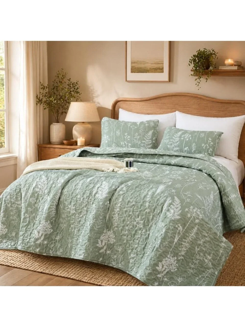 King Size Sage Green Floral Quilt Set | Boho Microfiber Bedding 3-Piece